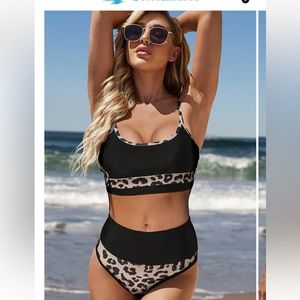 💛NWT Patchwork Leopard Print High Waisted Bikini Set, Size Medium